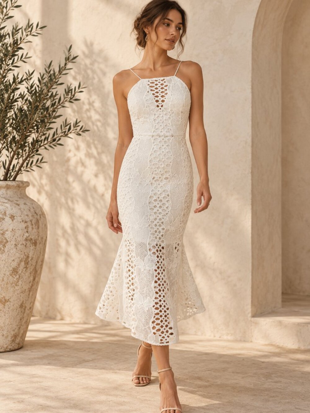 ANTHROPOLOGIE Bridal Shower Sexy Chic White Crochet Floral Midi Dress NWT